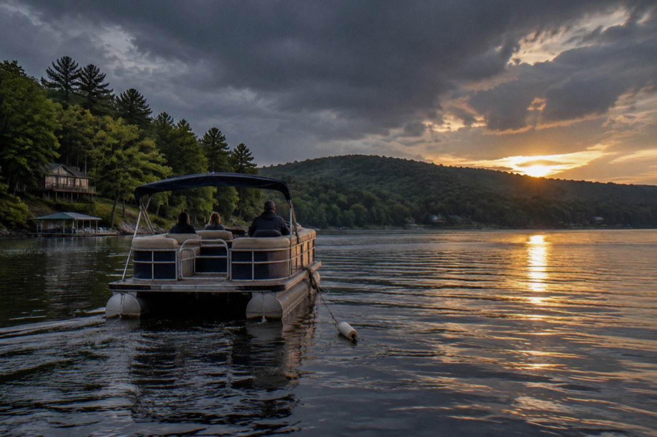 Pontoon boat cruising calm open water on Deep Creek Lake with forested hills behind it