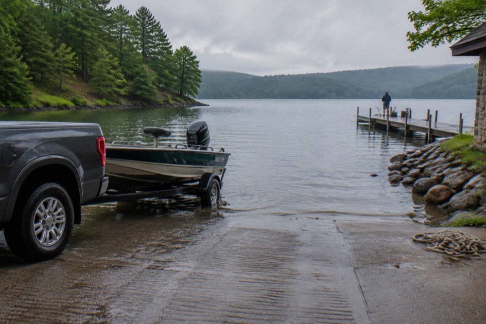 A boat trailer backed down a concrete ramp toward still water at a lake shore