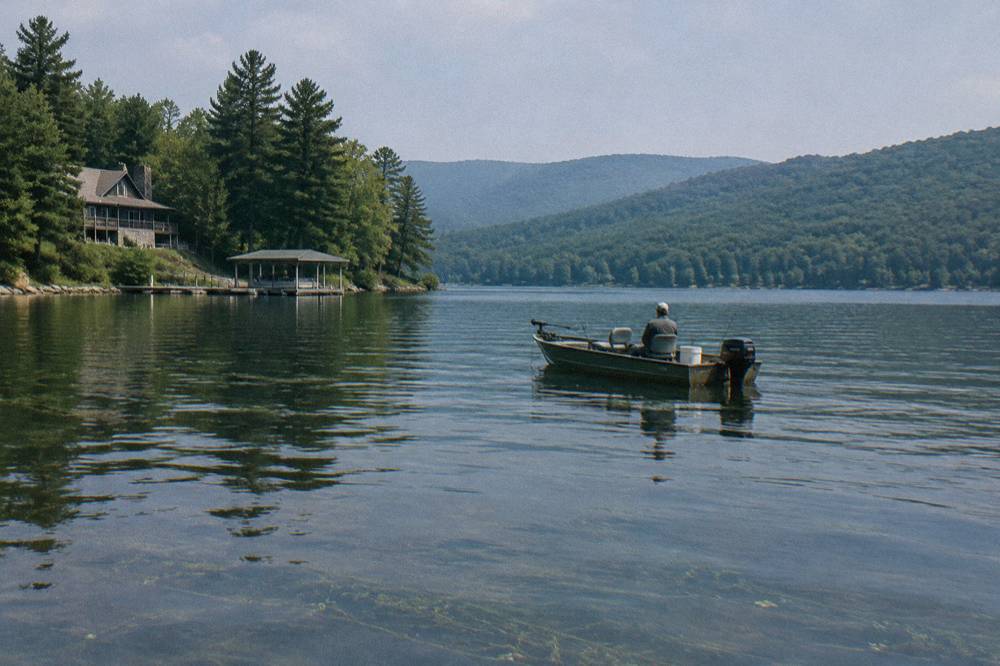 A fishing boat drifting on wide open lake water with forested hills behind it