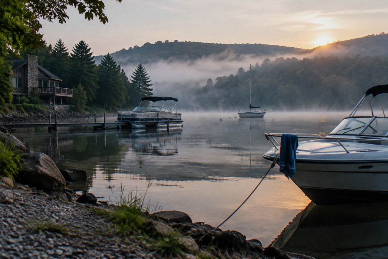 A calm lake cove at dawn with tree covered ridges behind the water