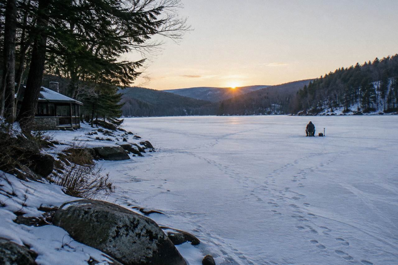 A frozen lake cove surrounded by snowy wooded hills at dawn