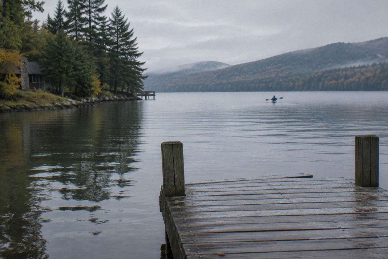 Calm morning water on a long mountain lake with forested shoreline and a wooden dock in the foreground