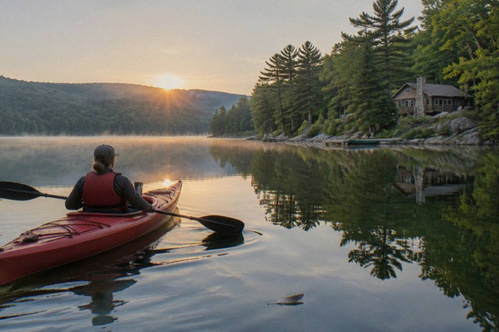 A kayak gliding across still morning water with tree covered hills reflected on the surface