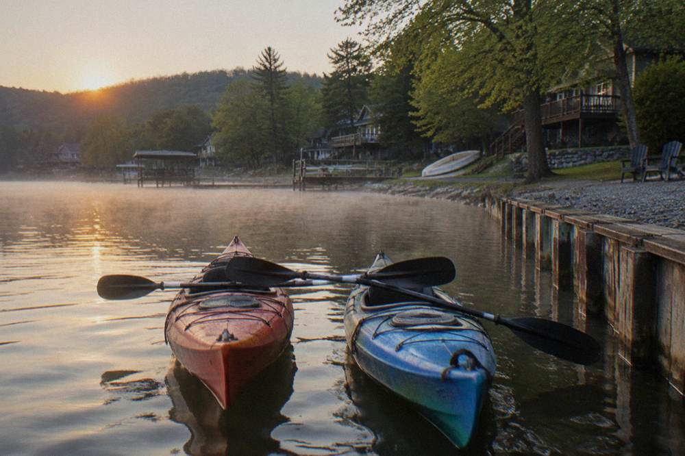 Two kayaks floating side by side in a calm cove with morning mist over the water