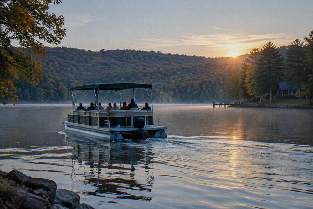 Guided pontoon boat cruising past forested shoreline with passengers seated under a canopy