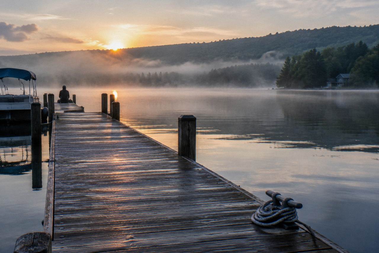 Wooden boat dock extending into a calm mountain lake at sunrise