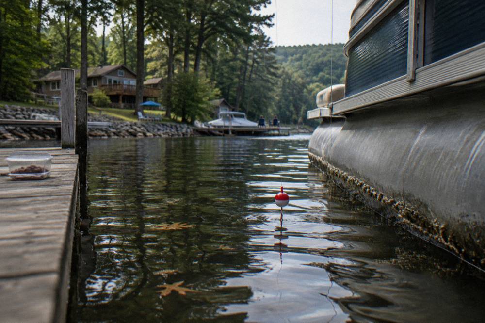 A bobber and worm rig resting on the surface beside a boat hull in a calm lake cove