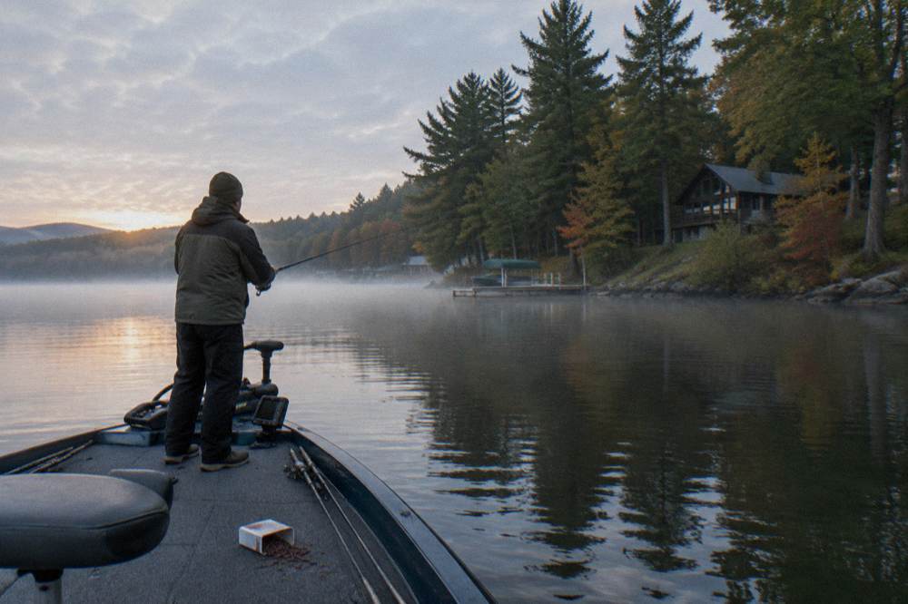 An angler casting from the bow of a boat toward a wooded shoreline at dawn on a calm lake