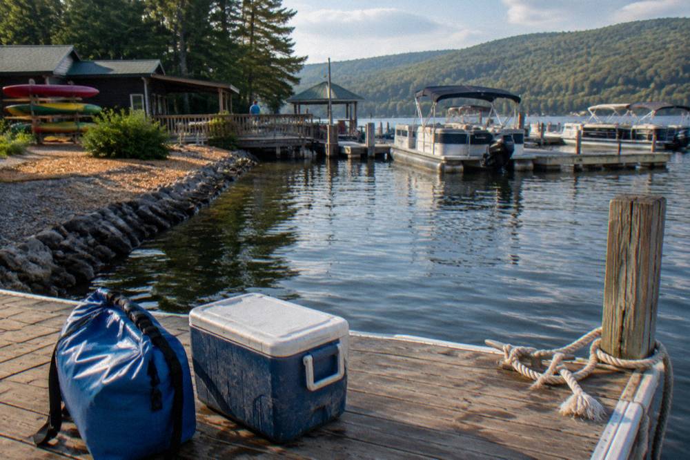 A dry bag and cooler stowed on the deck of a boat moored near a wooden dock