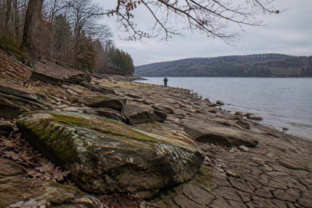 Exposed stony shoreline at the edge of a lake in late autumn