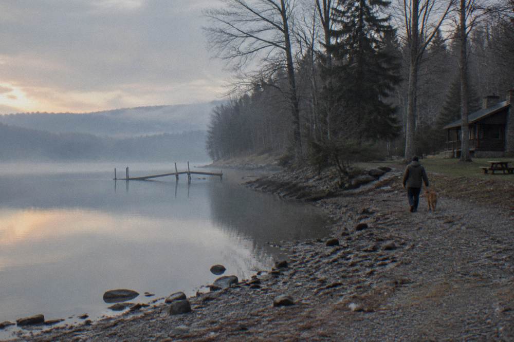 Wide view of a lake at dawn in late fall with mist over still water and bare trees