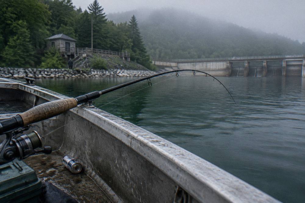 Fishing rod held over the side of a small boat on calm morning water