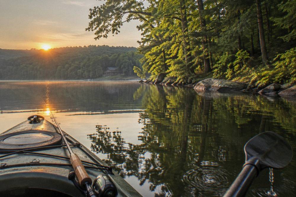 Wooded cove with still water reflecting trees and a kayak near the shore