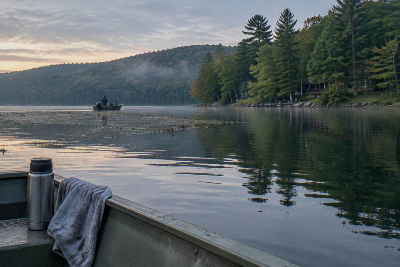 Calm lake water at dawn with forested shoreline and a distant fishing boat