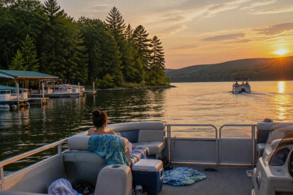 Mountain lake at golden hour with a pontoon boat cruising past a forested point