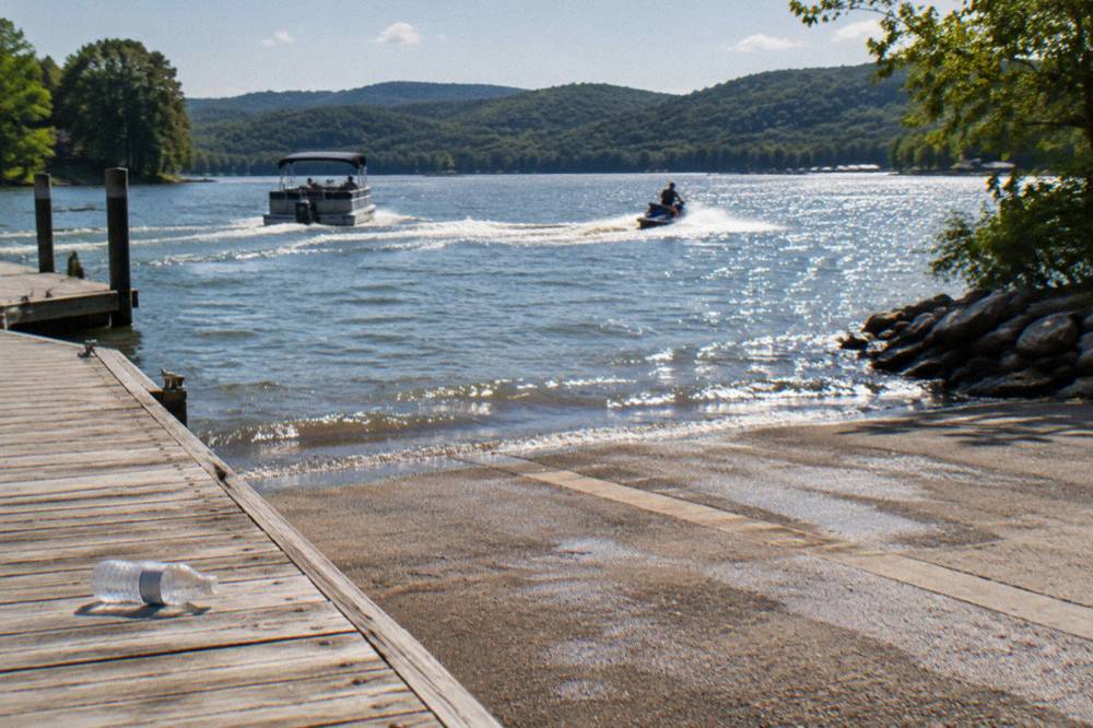 Pontoon boats and jet skis crossing open water on a sunny summer afternoon