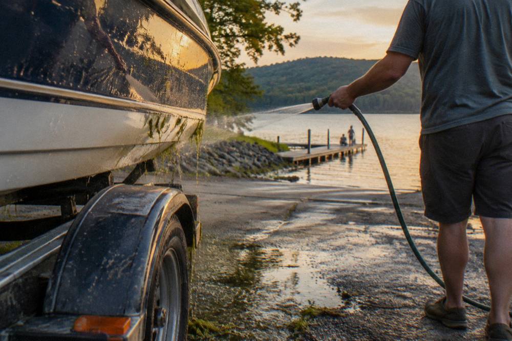Boater rinsing a boat hull at a ramp with a shoreline of green trees behind