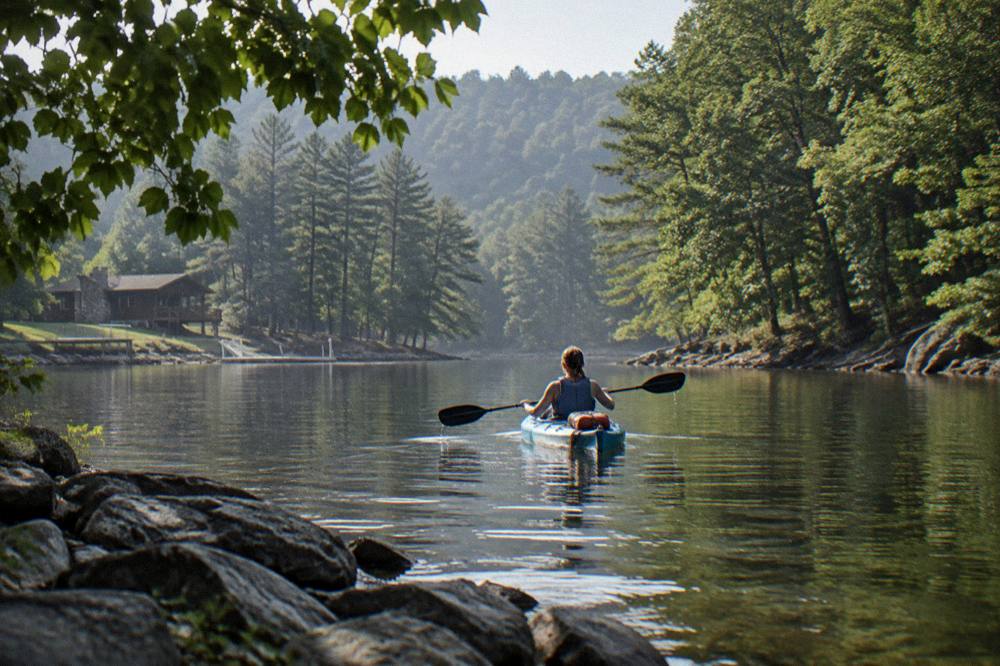 A kayak gliding through still water at the wooded end of a narrow cove