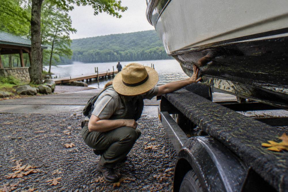 Close view of a boat trailer bunk with a worker checking the hull for plant material before a launch