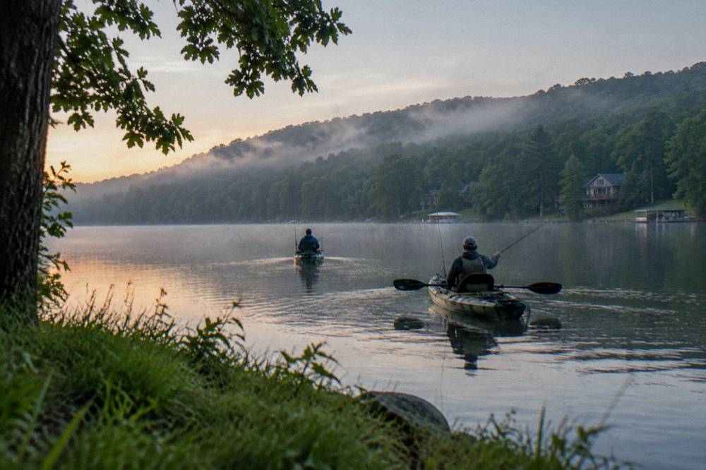 Two kayaks gliding across still morning water near a wooded cove