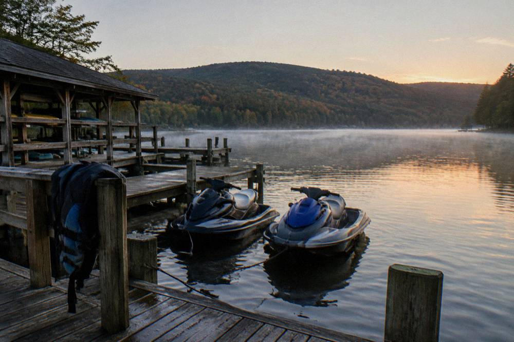 Personal watercraft sitting idle near a dock in early morning light