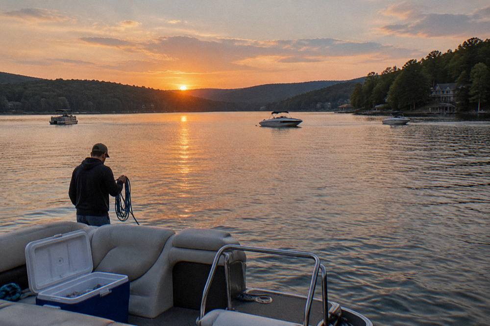 Boats spread across a wide calm lake basin at sunset