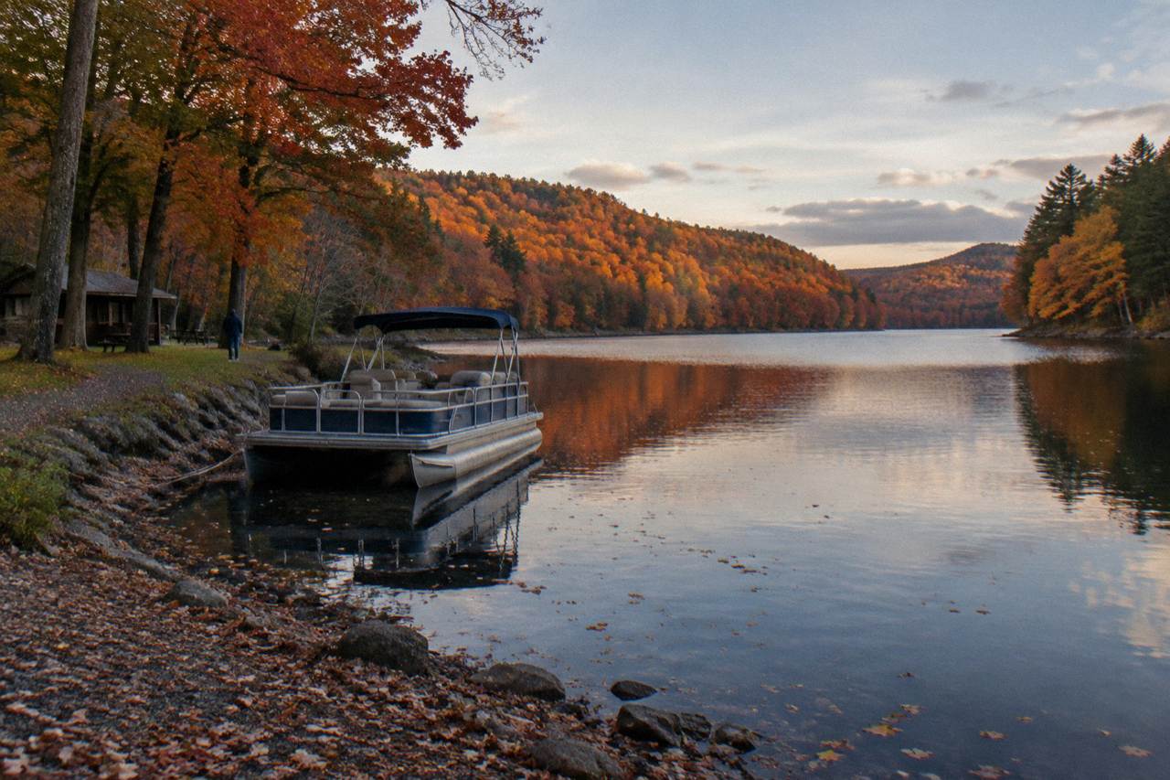 Wooded hillsides in orange and red autumn color rising above a calm lake cove
