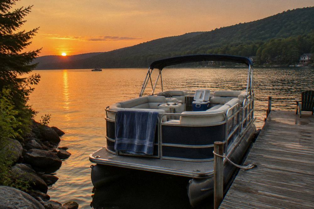 A pontoon boat at a wooden dock at golden hour with calm water and dark hills behind