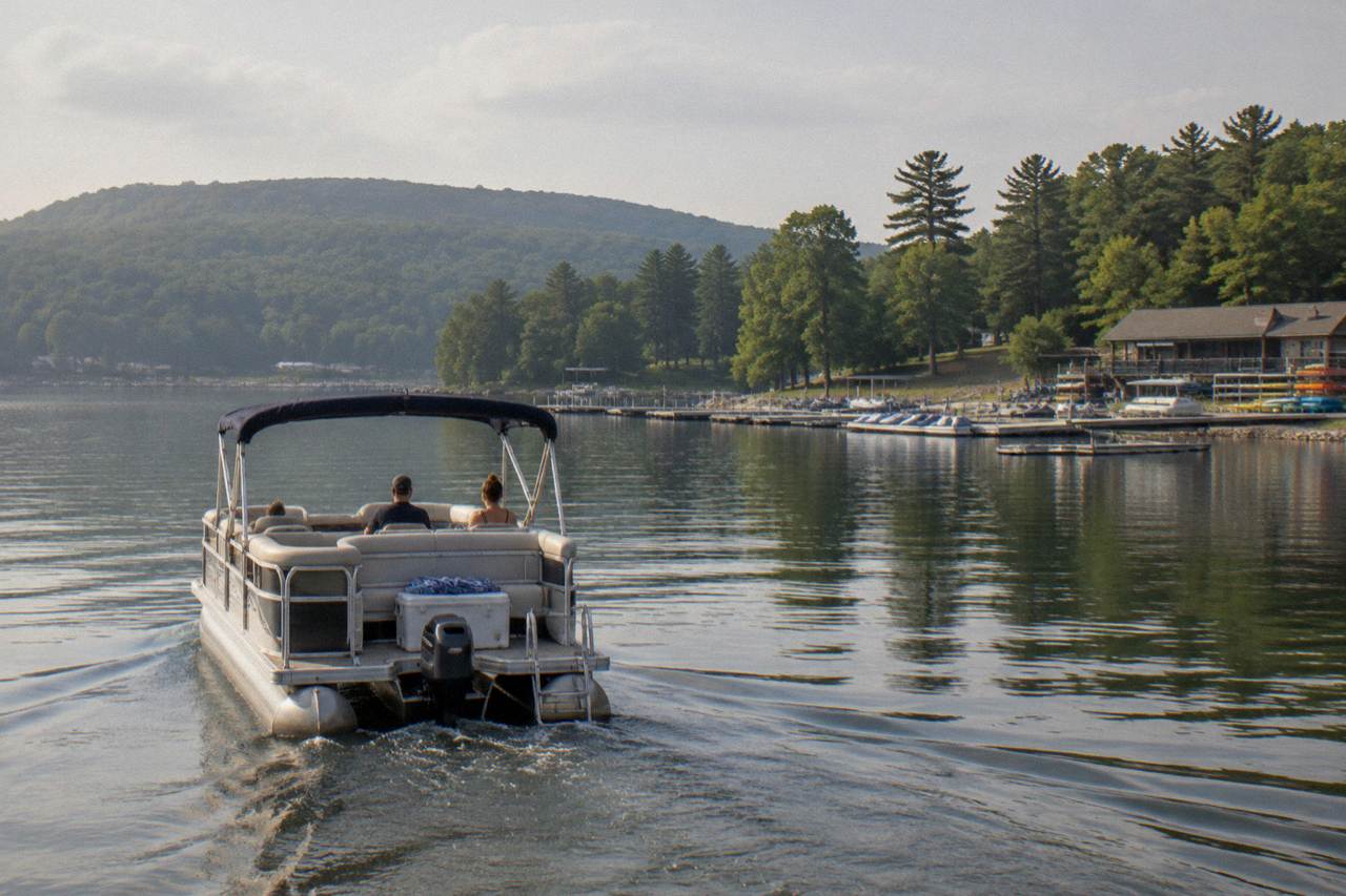 A pontoon boat cruising calm water toward tree-covered hills at Deep Creek Lake