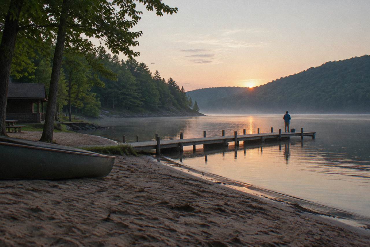 Wooded shoreline of Deep Creek Lake with a boat dock and calm morning water