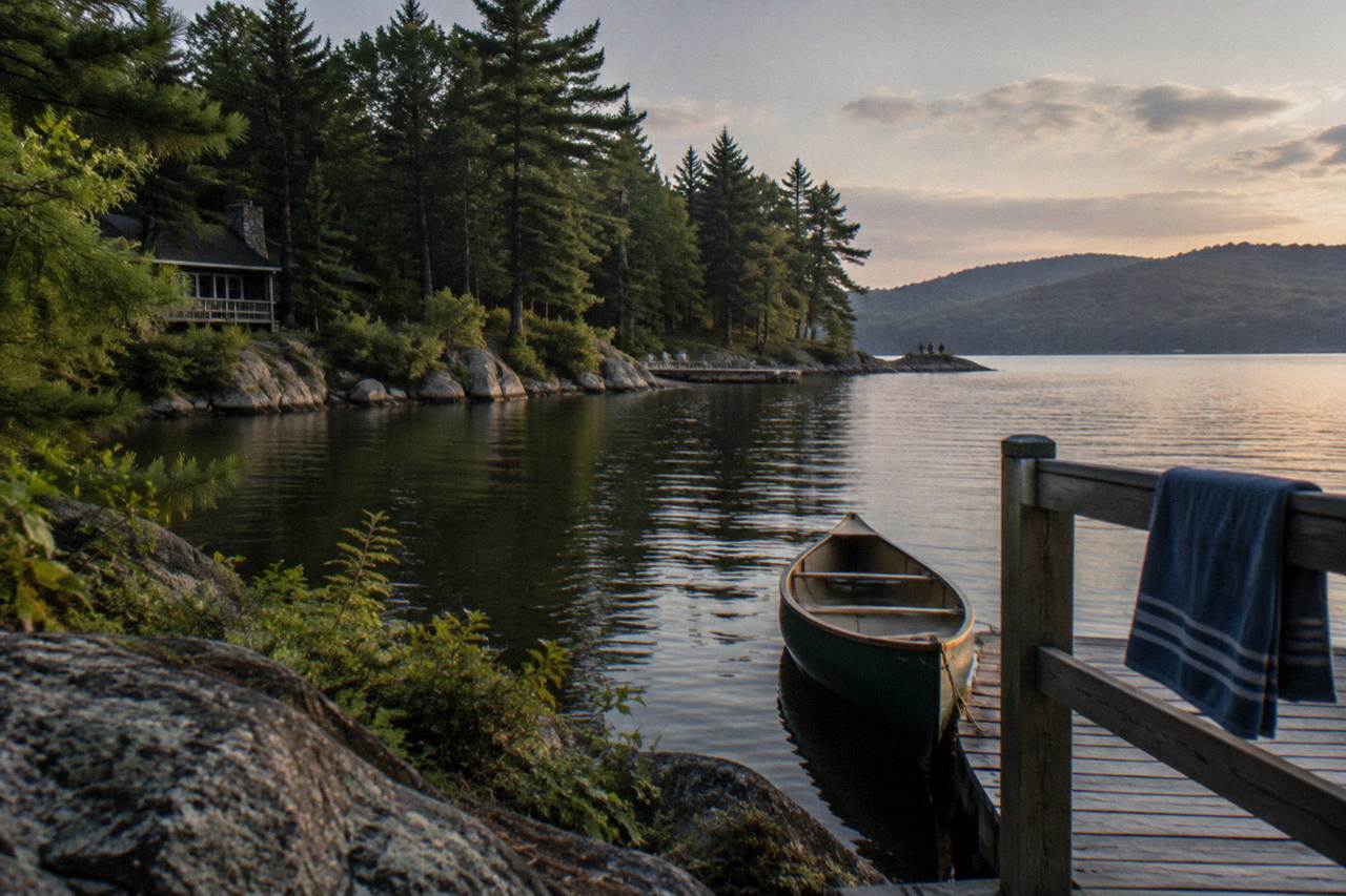 Calm water in a Deep Creek Lake cove with forested hills at the shoreline