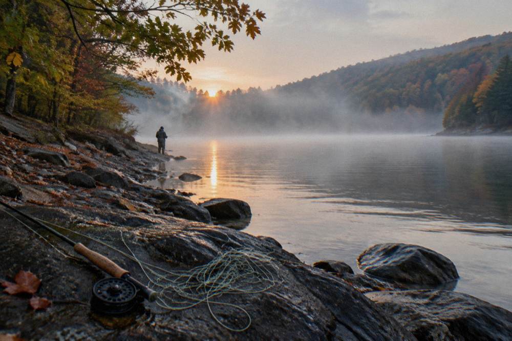 Fog lifting off a lake cove surrounded by autumn trees