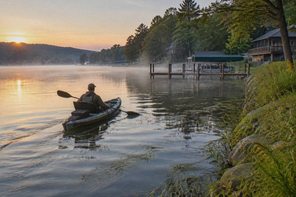 Kayak angler paddling along a weed edge in calm water