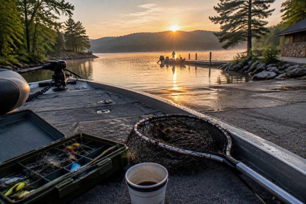 Tackle box and net staged on a boat deck in morning light