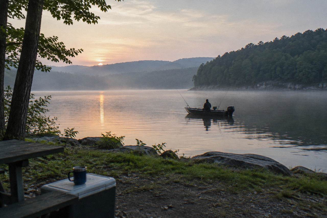Calm lake water at dawn with forested hills along the shoreline