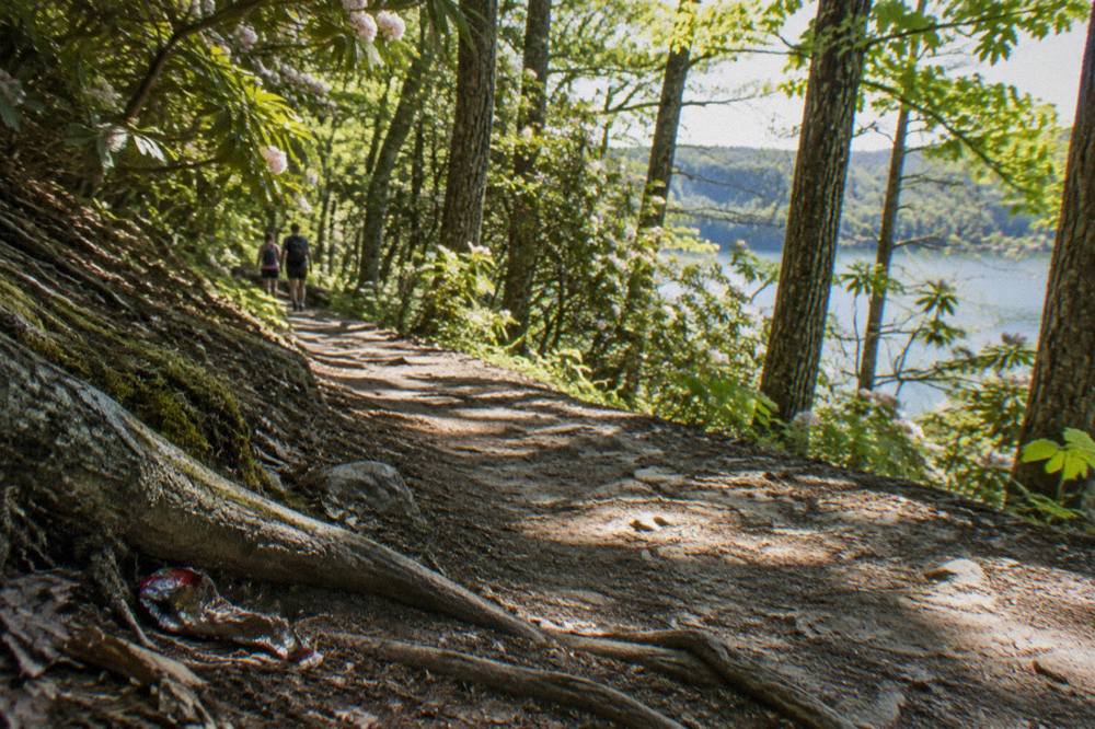 Wooded trail corridor above Deep Creek Lake with sunlight through trees