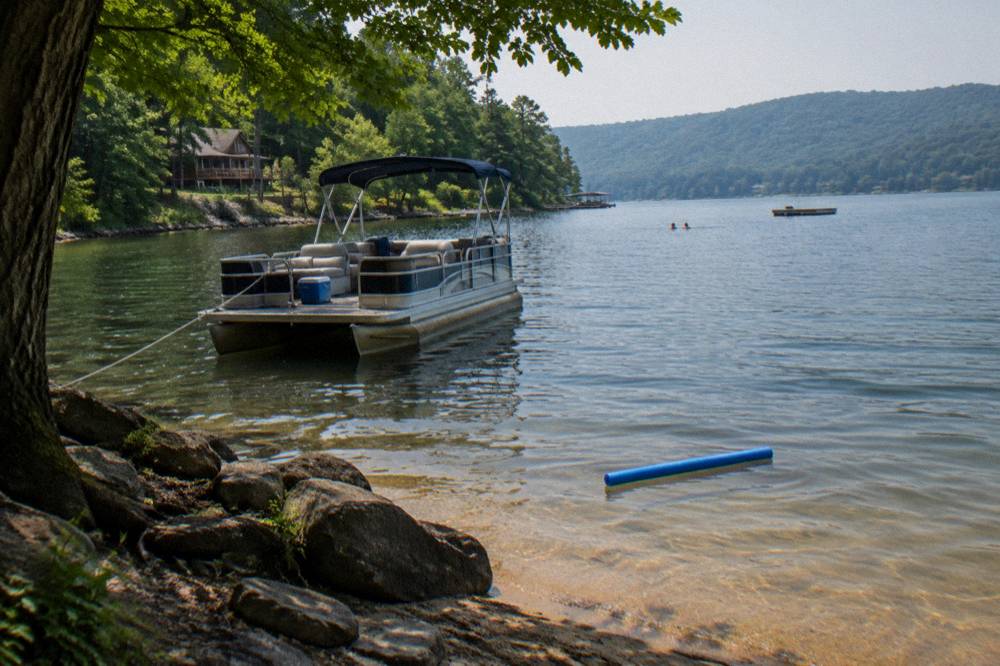 Pontoon boat anchored near a swim area with green tree-lined shores in bright summer sun at Deep Creek Lake