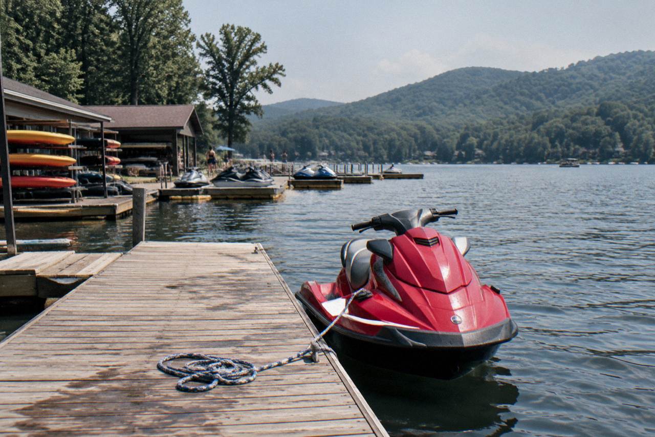 A personal watercraft sitting on a wooden dock along a calm lake shoreline with forested hills behind it