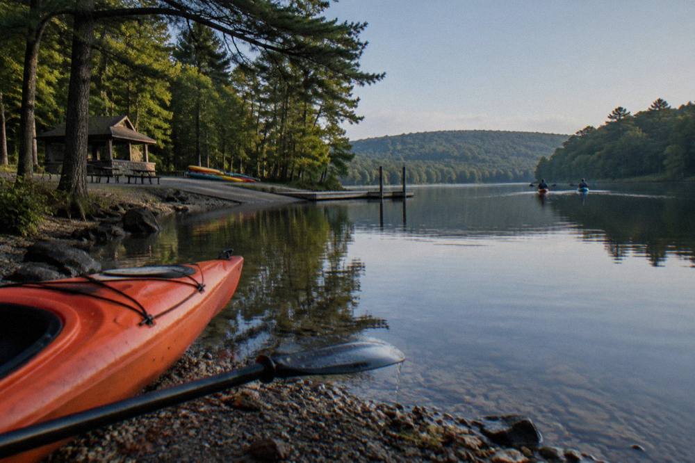 A calm lake cove with still water reflecting trees along the shore