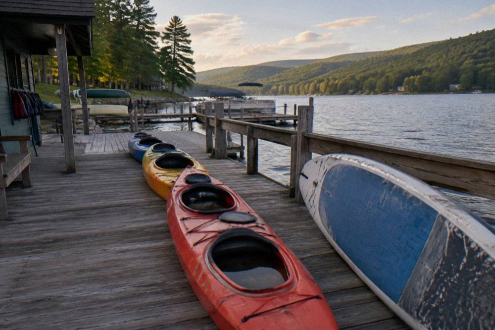 Kayaks lined up on a wooden dock beside still lake water