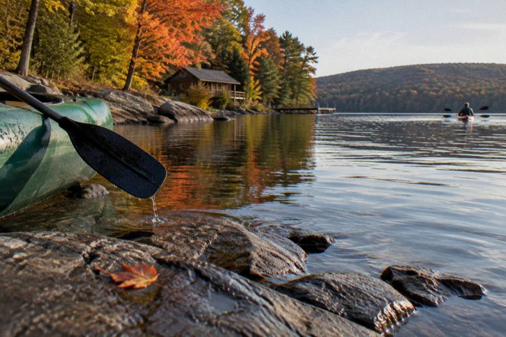 Fall color reflected in still lake water along a rocky shoreline