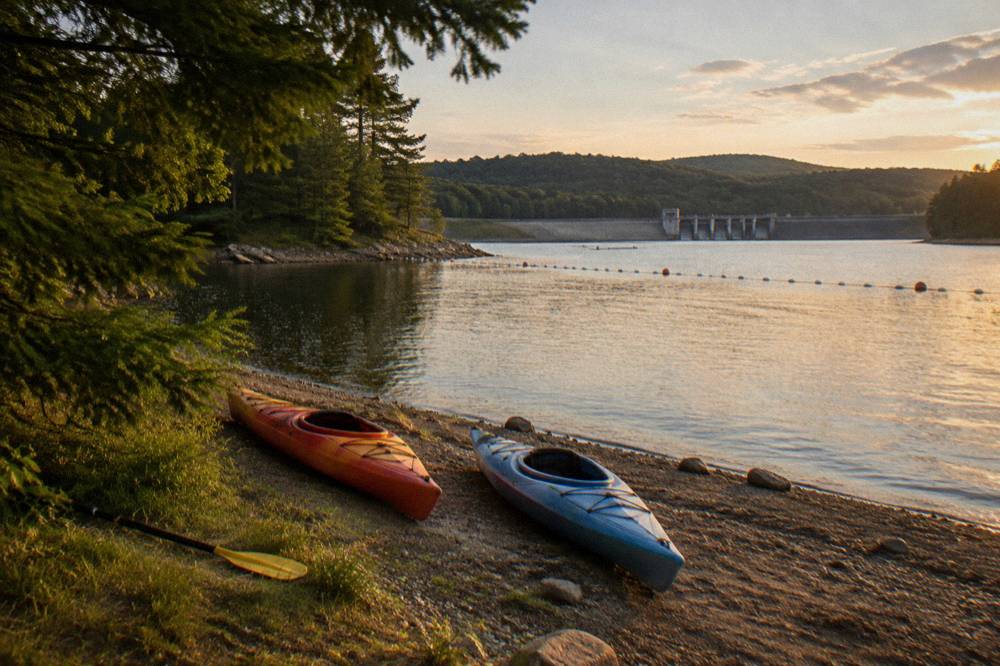 Kayaks resting on a quiet cove shoreline in warm late light