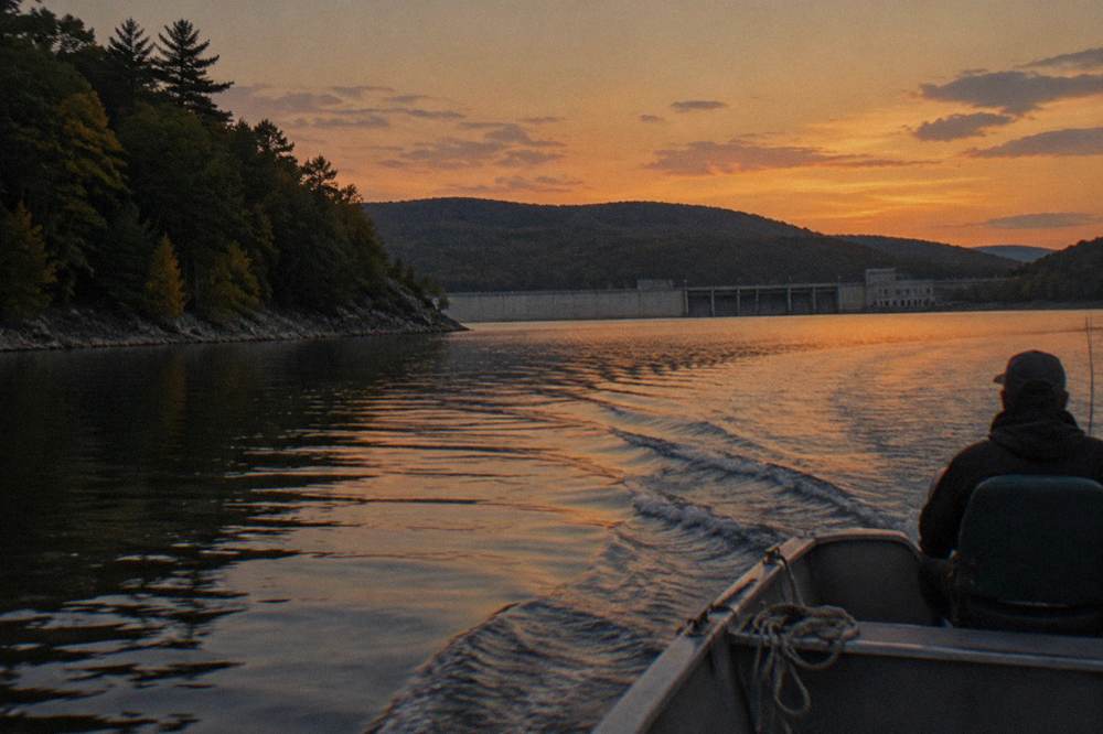 A slow boat wake crossing calm water under a darkening orange sky
