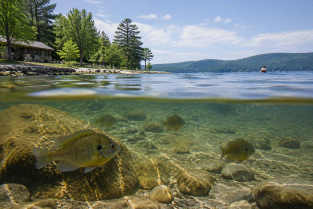 Clear shallow water over a stony and sandy lake bottom