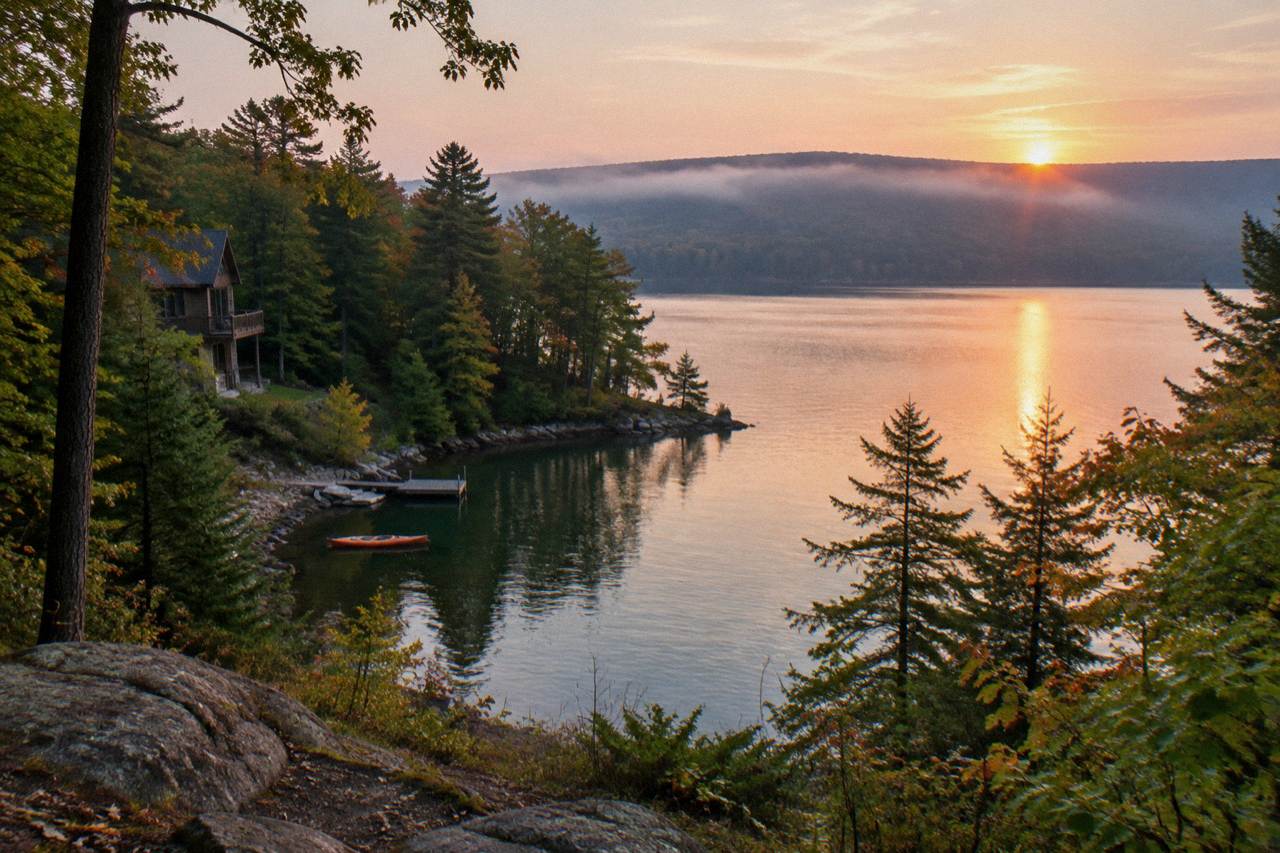 Wooded shoreline and quiet cove water at Deep Creek Lake under morning light