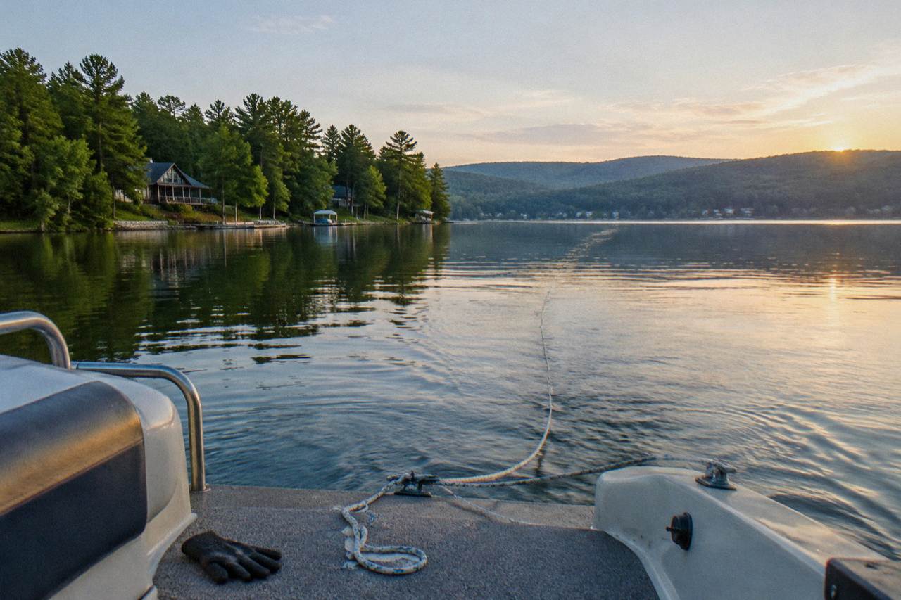 Calm morning water on a mountain lake with forested shoreline