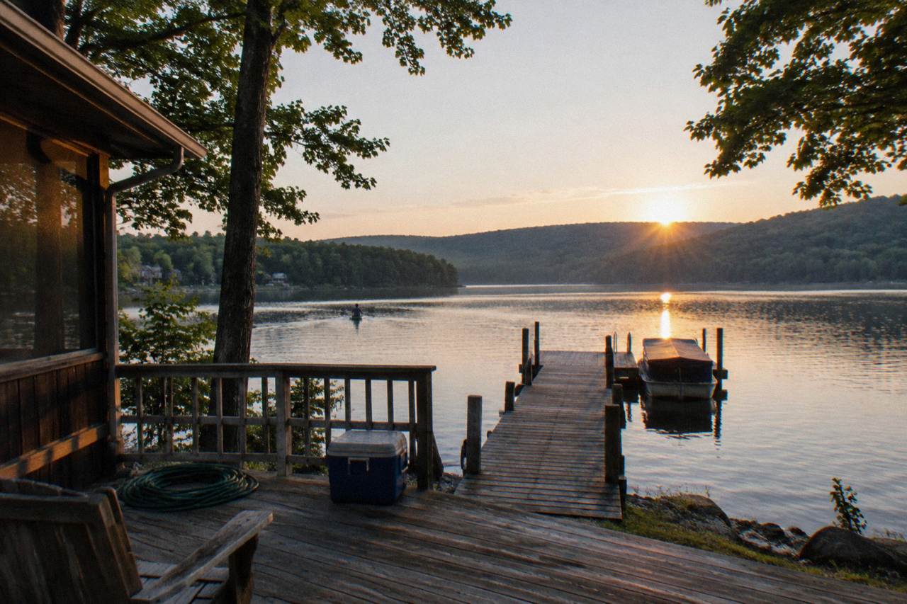 Wooden dock reaching into a calm mountain lake with forested ridgelines in the background